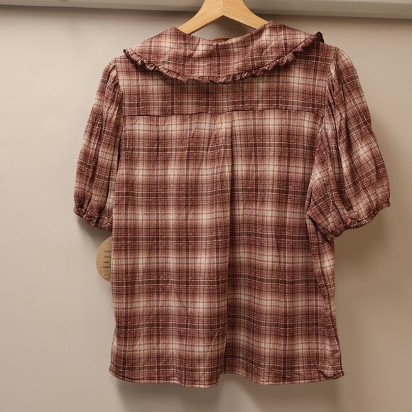 Eden & Olivia Ivory/Berry Plaid Button-Up Blouse With Ruffle Collar - Size L - Picture 3 of 14